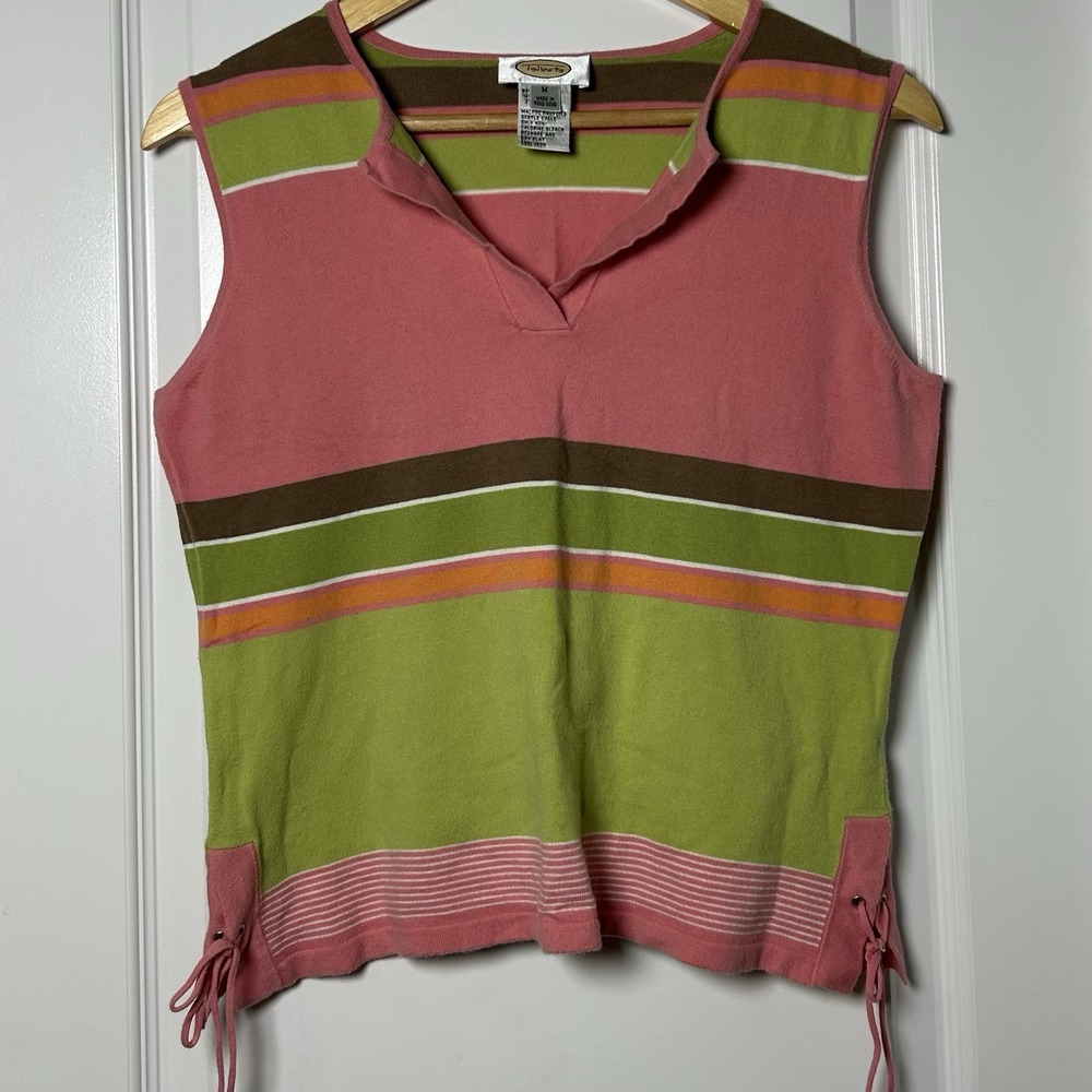 Talbots Vintage Y2K Pink Lime Green Striped Cotton Knit Sleeveless V-Neck Top